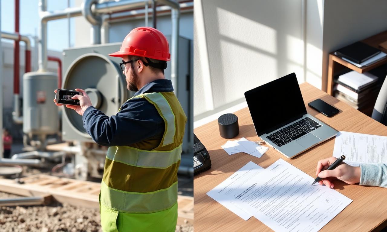 Tecnico HVAC in cantiere che fotografa un impianto e scrivania d'ufficio con documenti