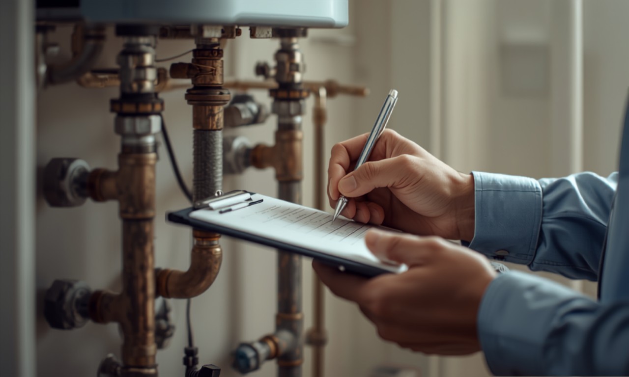 Tecnico che verifica gli allegati tecnici obbligatori di un impianto gas con tablet e schema impianto