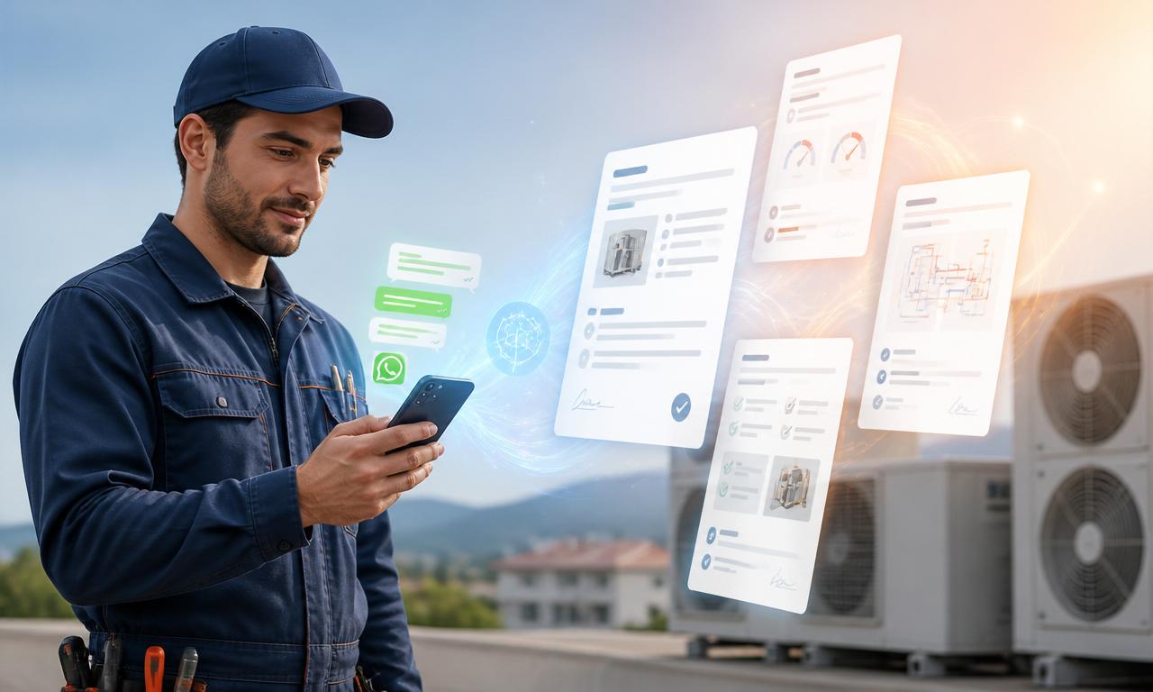 Tecnico che usa WhatsApp per generare rapportini di intervento con l'AI di Clemp
