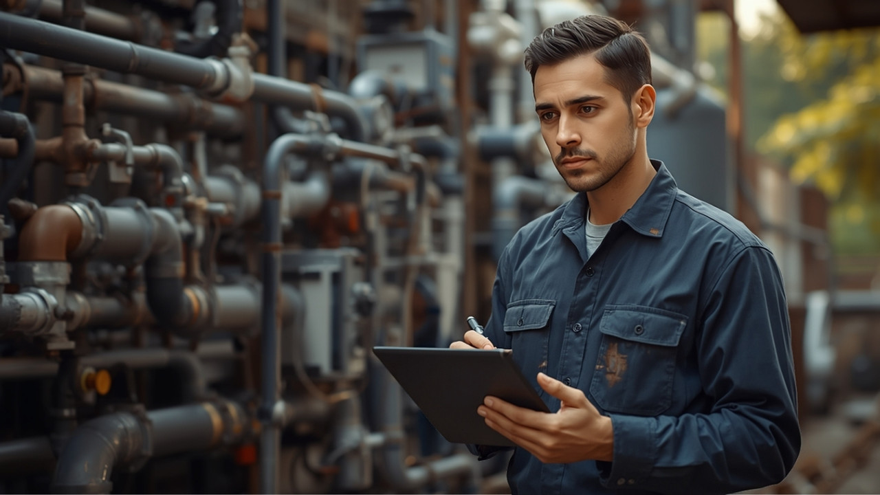 Tecnico impiantista che compila un rapportino di intervento su tablet in cantiere